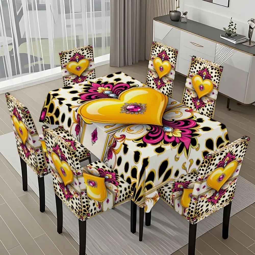 5/7-piece 2D Flat Printing Yellow Pink Gold Heart Decoration Printing Pattern Tablecloth and Chair Cover Set, for dining table and chair decoration, perfect for home, holiday gatherings, restaurants, and parties.