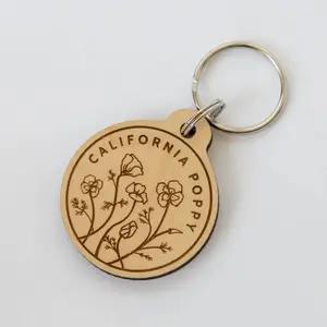 Wooden Floral Keychain – California Poppy Design Nature Gift