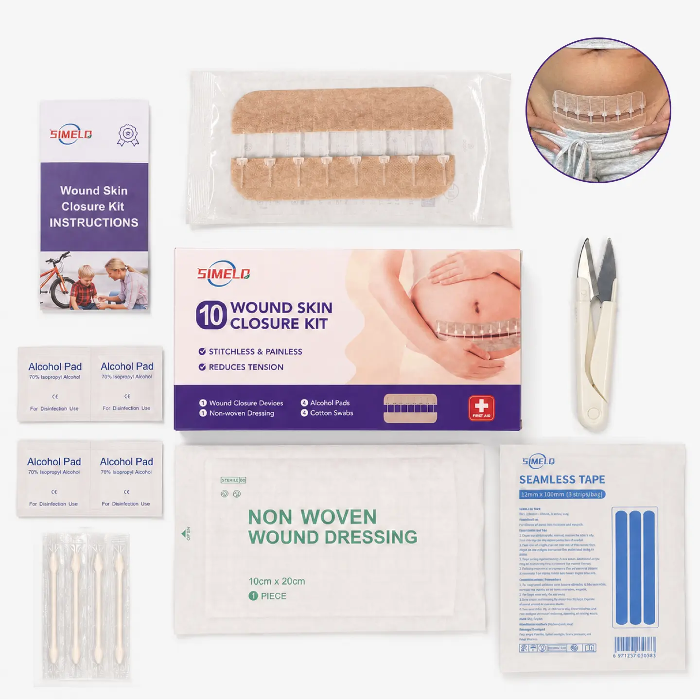 SIMELO Skin Closure Kit for C-Section Recovery, 10-Piece Adjustable Zip Skin Closure System with 1 Closure Strip & 8 Locks, Stitchless & Painless Support for Large Incisions, Postpartum Scar Care, Surgical Incision Protection & Recovery First Aid Supplies