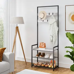 HOMEKOKO 3-in-1 Hall Tree with Bench & Shoe Storage, Coat Rack Entryway Organizer, Wood-Look Accent Furniture with Metal Frame