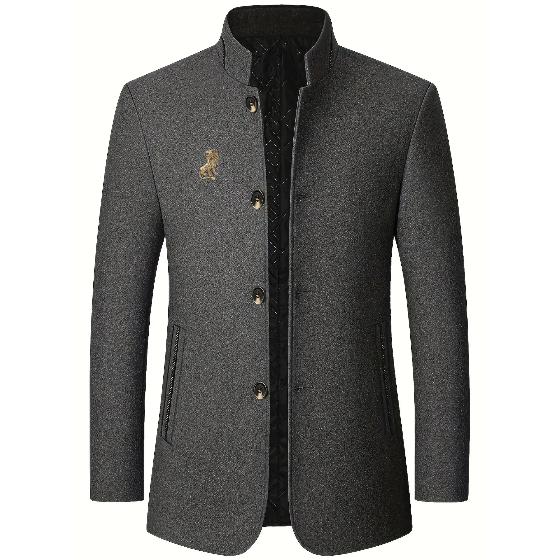 Men's casual formal style lambskin jacket - Long Sleeve stand-up collar single-breasted side pocket jacket, semi-formal office occasions and daily wear in autumn and winter - polyester fiber lining for cold resistance and warmth, texture fabric design