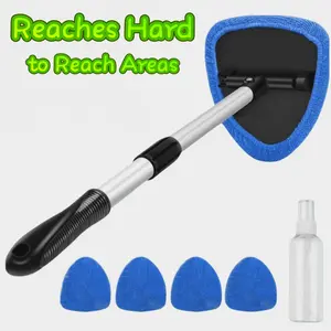 Petit Bits 2026 Extendable Adjustable Windshield Cleaning Tool - Extendable Handle, 4 Reusable Microfiber Cloth Pads, Spray Bottle, Streak-Free for Car & Household Glass, Reaches Hard-to-Reach Areas