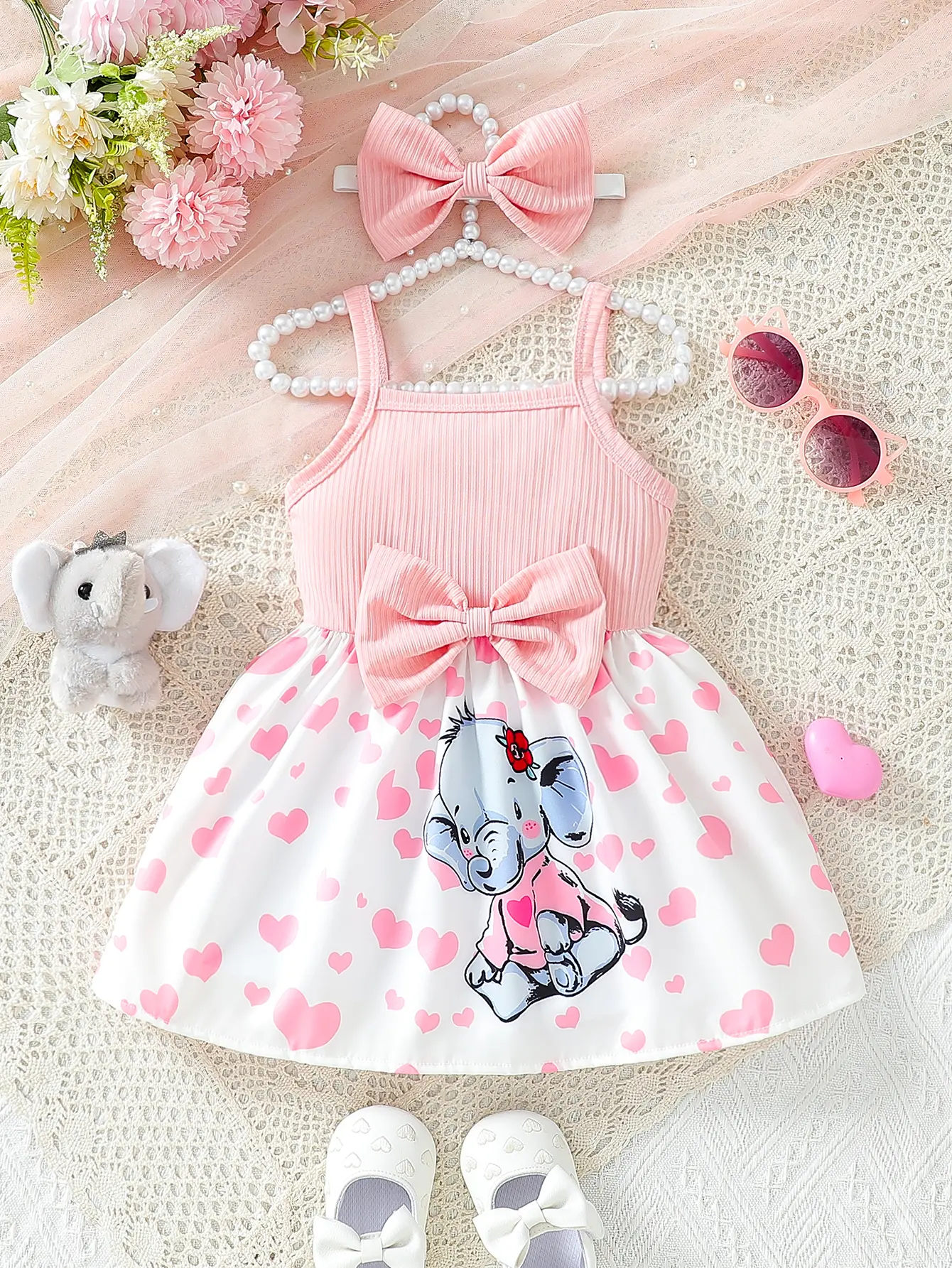 Baby girl summer cute style elephant and heart pattern suspender design+large bow decoration short sleeved dress daily/birthday baby clothes