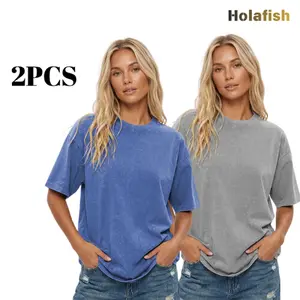 Holafish 2 PCS  Women's Unisex Acid Washed T-Shirts Vintage T-Shirt Casual Baggy Streetwear Girlfriend Tee Workout Short Sleeve Cotton Tops 2pcs T23S by