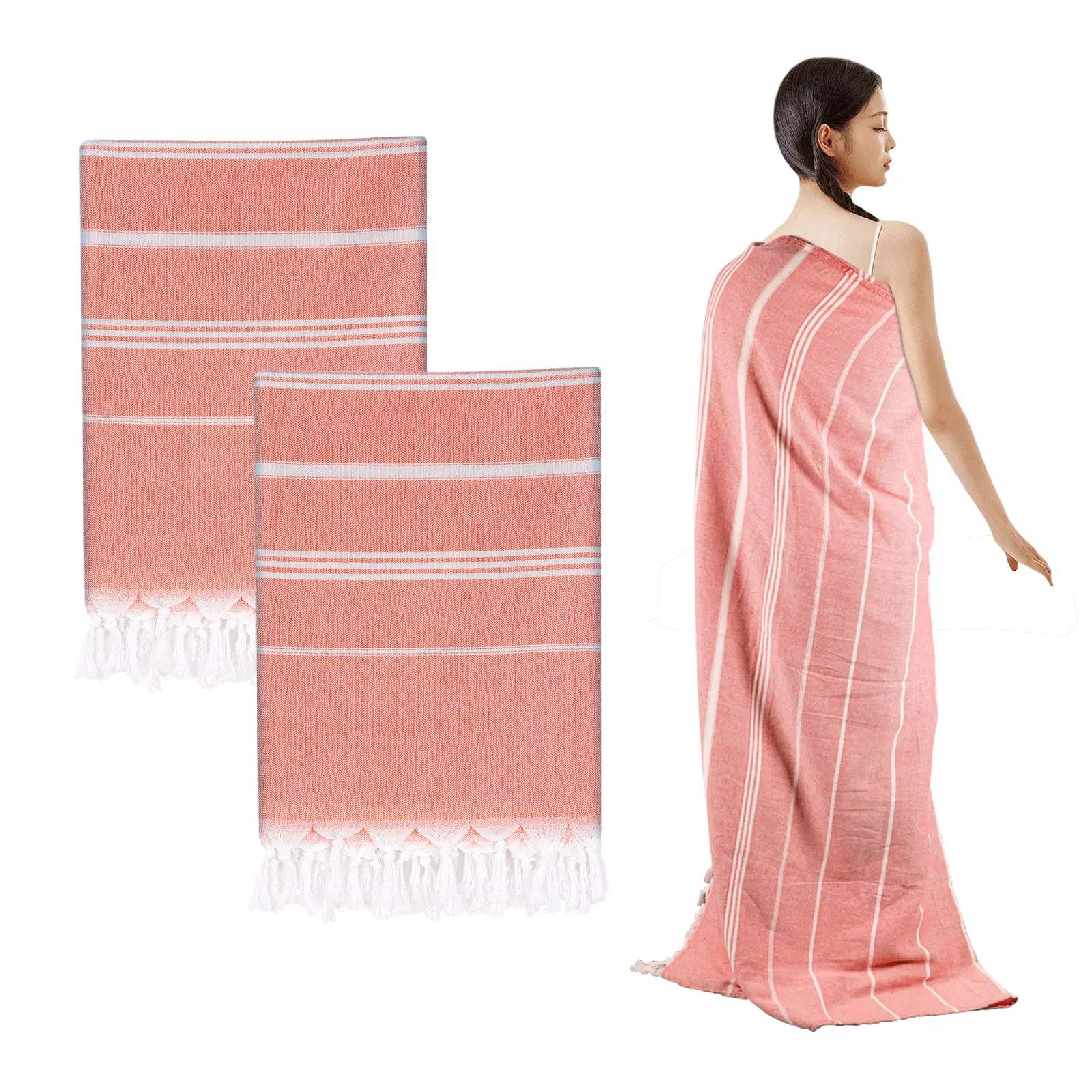 2-Pack Cotton Turkish Beach Towels - 61"x82" Striped Oversized Tasseled, All-Cotton, Absorbency, Quick-Dry, Sand-Free for Beach, Home, Travel, 2-Pack Beach Towels