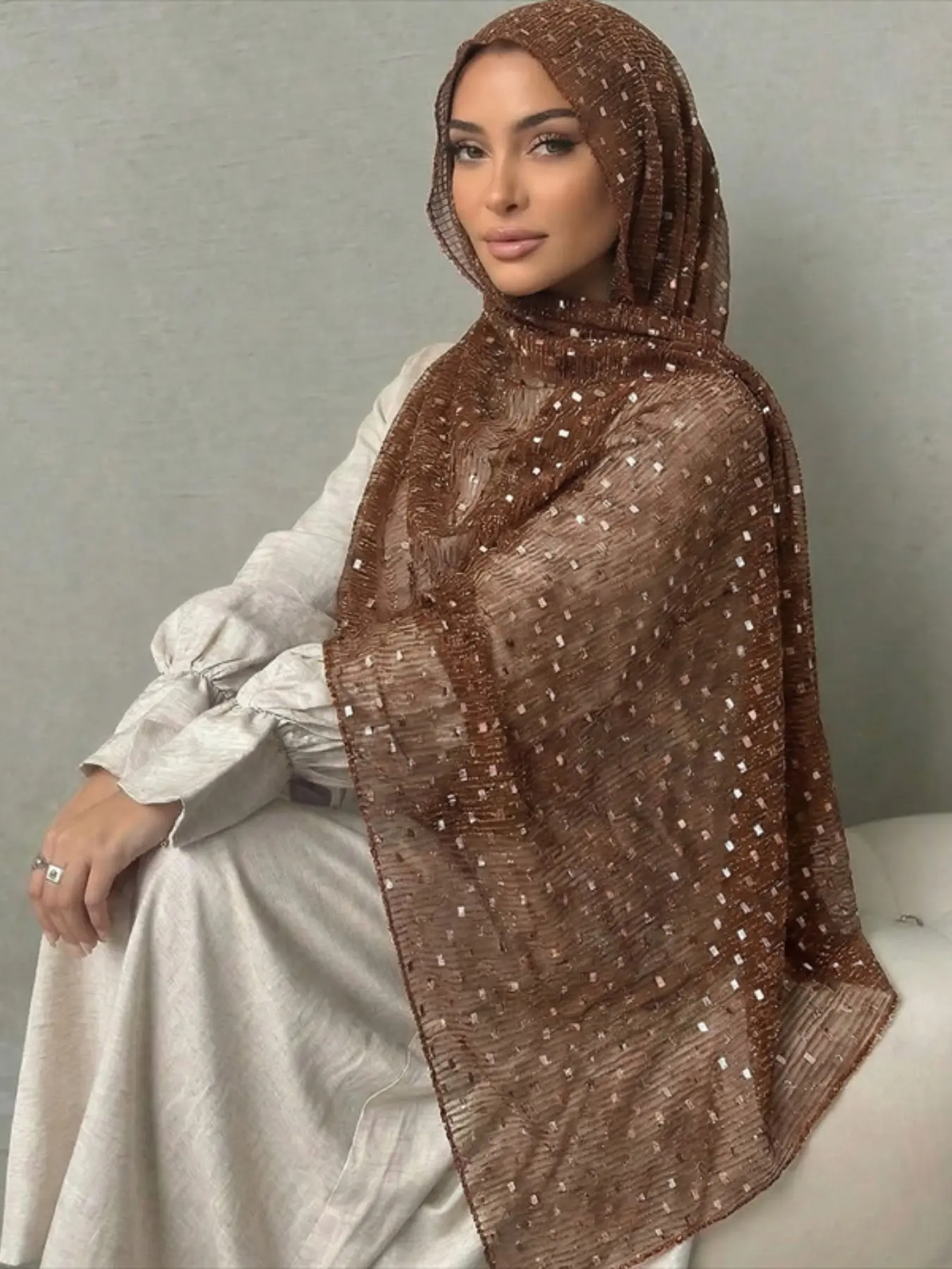 Casual Retro Polyester Sequin Solid Color Shawl Scarf, 70x170cm Women's Summer Sun Protection Windproof Hijab, Essential Fashion Accessory