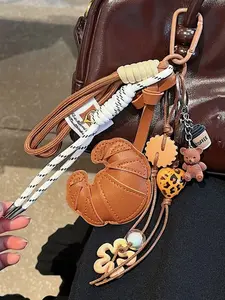 American Retro Coffee Style Bag Pendant/Keychain Set, Bag Charm Keychain, Warm Caramel Color Scheme, Dark Brown Simulated Coffee Beans, Teddy Bear And Other Pendants Suitable For Coffee Enthusiasts And Friends Who Love Retro Style