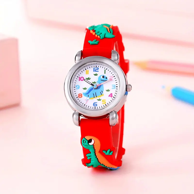 Cute Cartoon Dinosaur Student Quartz Watch |       Plastic Case, Silica Gel Strap, Red, Non-water Resistant, Battery Powered