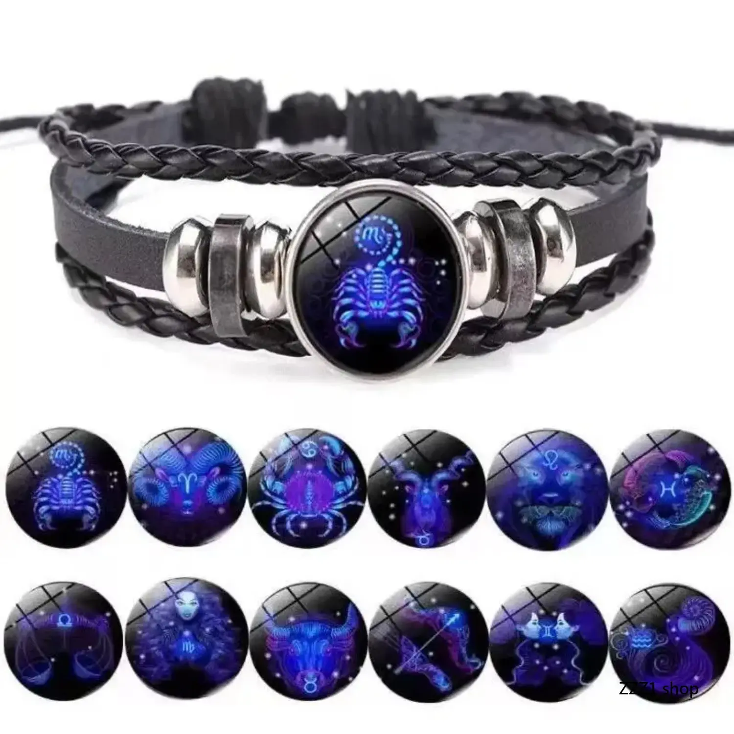 Zodiac Energy Adjustable Cuff Bracelet - Handmade 12 Signs Constellation Charms Bracelet, Multi-Layer Black Leather Wrap Sports Wristband, Punk Style Braid for Men, Christmas & Birthday Gift Box Idea