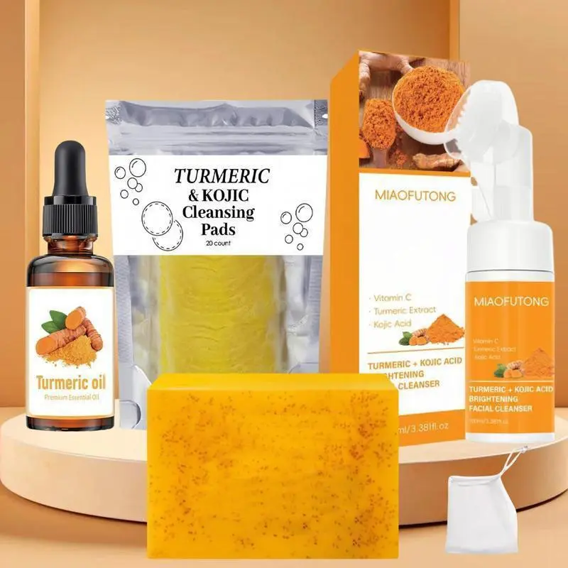 Turmeric Cleansing Set, Turmeric Soap & Cleaning Pad & Moisturizing Facial Cleanser & Oil, Deep Cleansing Skin Care Kit for Women & Men, Hydrate, Turmeric Brightening Cleanser