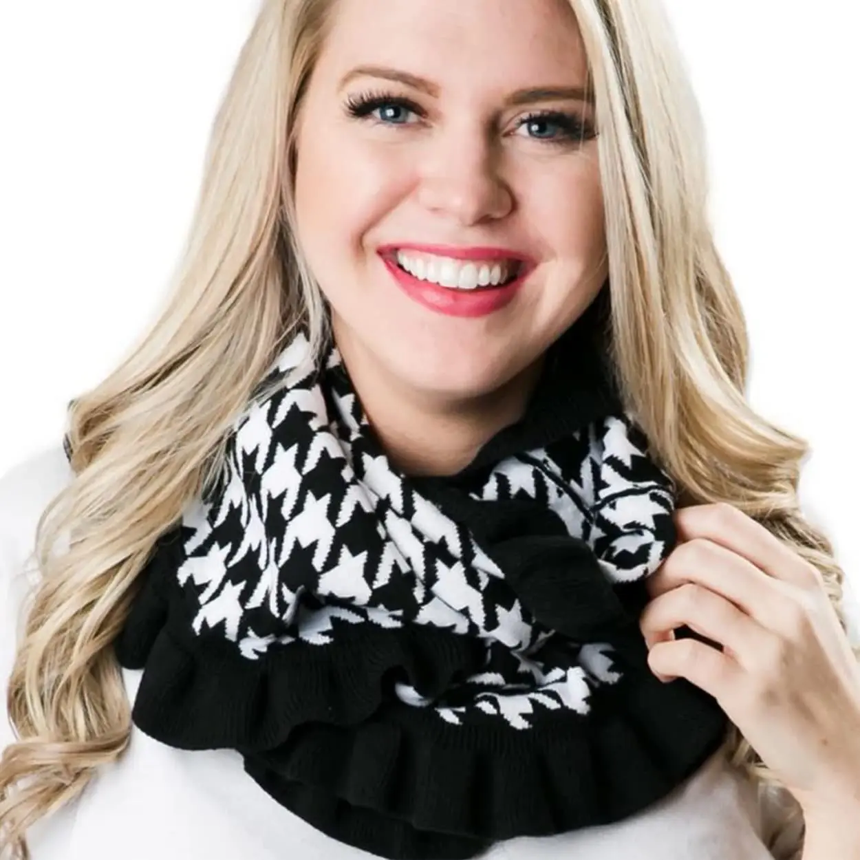 Women's Eternity Houndstooth Print Ruffled Loop Scarf Shrug - Flirty Top Layer, Casual Outings Accessory, Ruffled Loop Detail, Versatile Piece