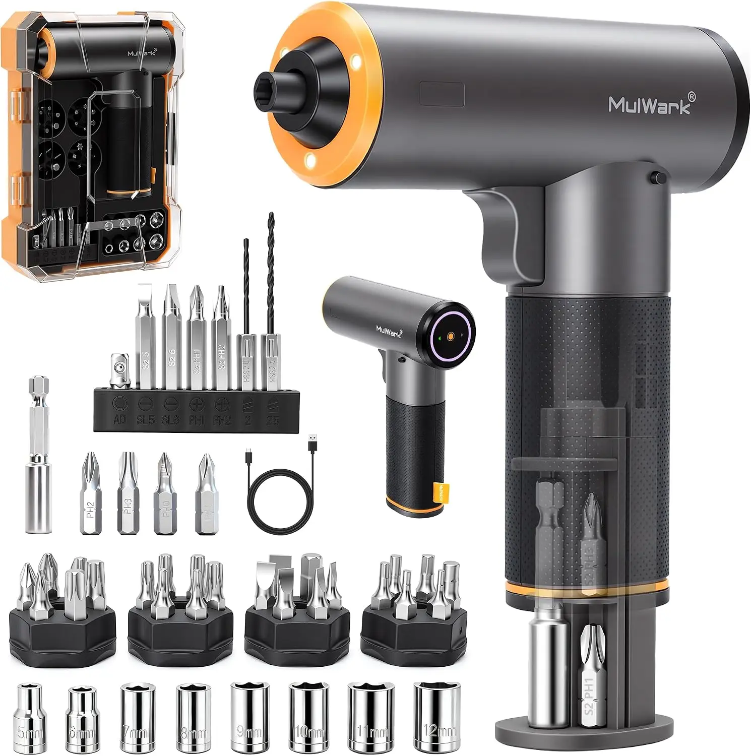 Electric Screwdriver Set, MulWark 4V Cordless Screwdriver with 46 Precision Driver Bit Set, 2000mAh Electric & Manual Powered Screwdriver with Touchscreen for Home Improvement, DIY Projects