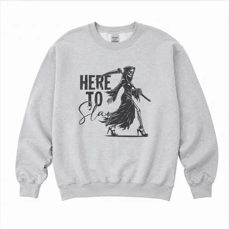 Here To Slay Sweatshirt - Ash Grey - Sublimation - Spooky - Unisex Jersey Sweatshirt