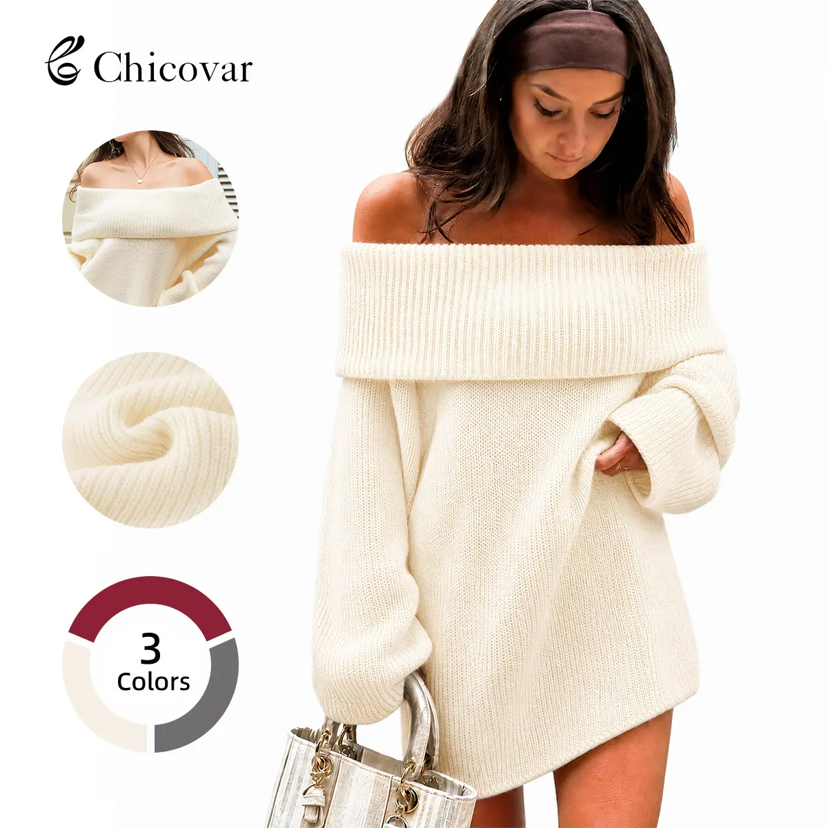 Chicovar Women's Off Shoulder Oversized Sweater, Slouchy Long Sleeve Chunky Knit Pullover with Foldover Collar, Cozy Loose Fit Fall Winter Sweater for Casual, Date Night, Holiday, Sohochic