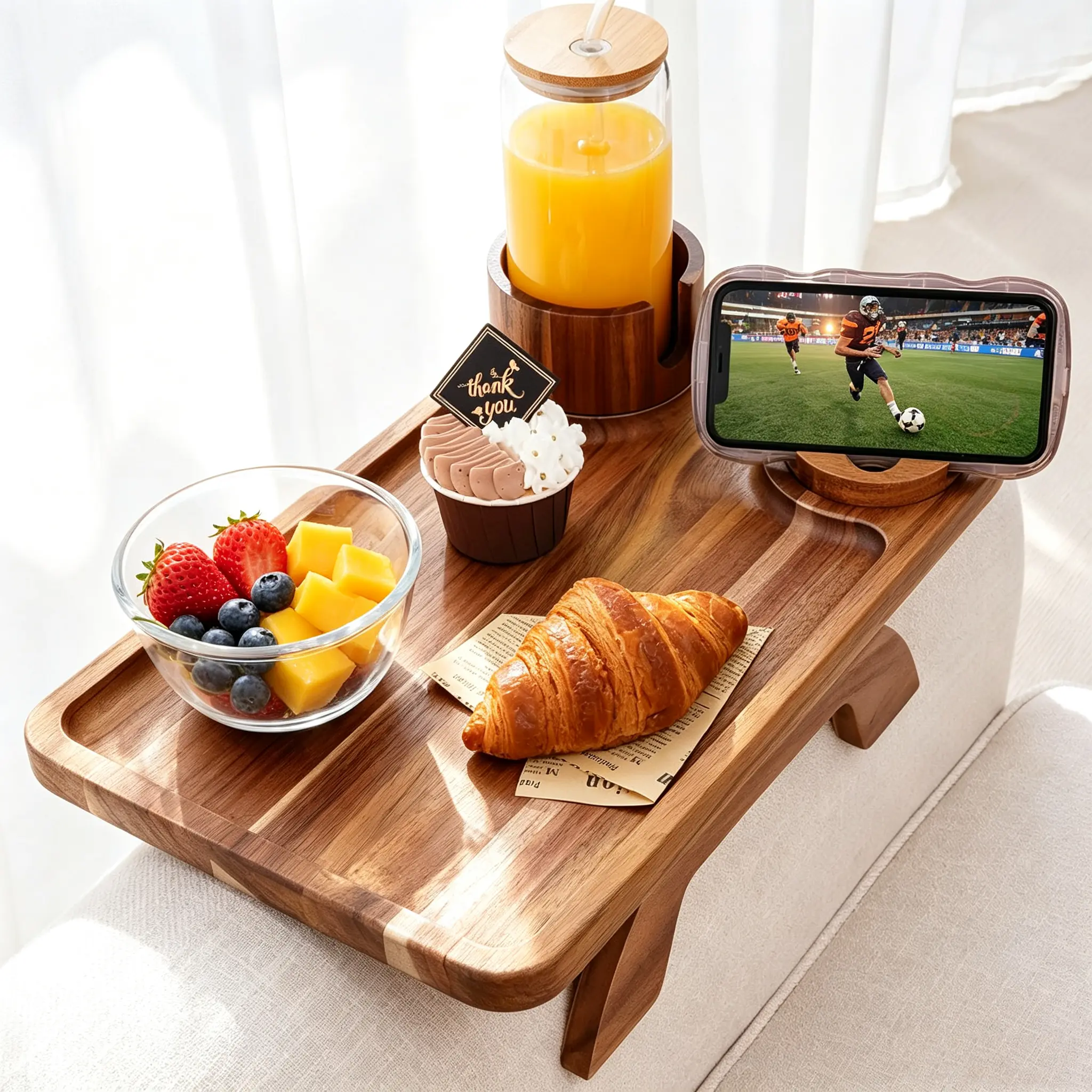Sweetcrispy Acacia Wood Spring-Loaded Arm Sofa Armrest Table - 3-in-1 Clip-On Tray with Stable Surface, Cup Holder, 360° Rotatable Phone Holder for Sofa Snacking, TV Watching