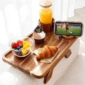 Sweetcrispy Acacia Wood Spring-Loaded Arm Sofa Armrest Table - 3-in-1 Clip-On Tray with Stable Surface, Cup Holder, 360° Rotatable Phone Holder for Sofa Snacking, TV Watching