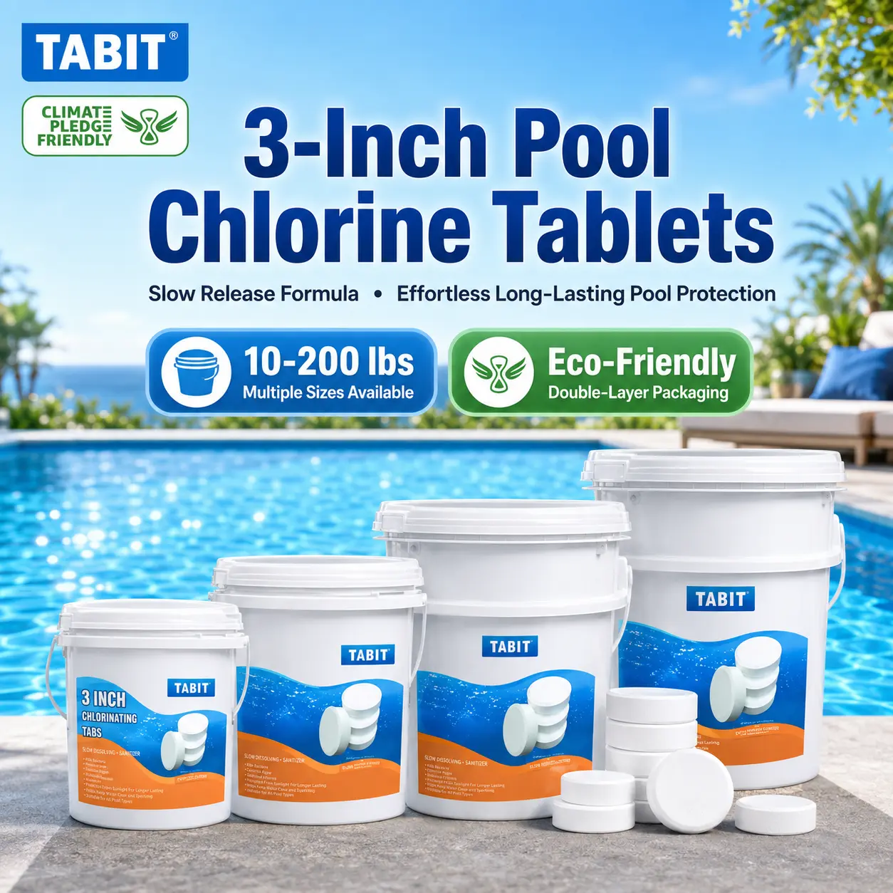 TABIT 3-Inch Cylinder Pool Cleaning Chlorine Tablets, UV Protected Slow-Dissolve Tabs (71 per Bucket) - Disinfects Water, Kills Harmful Contaminants, Easy-to-Use for Pools, Hot Tubs
