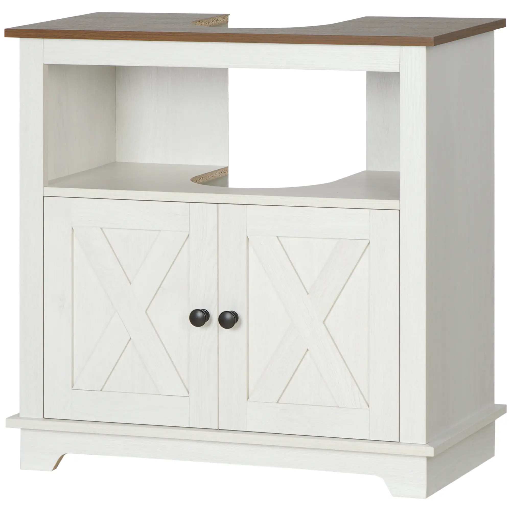 Modern Farmhouse Bathroom Sink Cabinet White with X Shaped Door Imprints and Oval Handles U Shaped Cutout Fits Pedestal Sink Open Shelf Plus Double Door Storage Space Saving Under Sink Organizer Holds 110 LBS for Bathroom Apartment