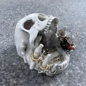Gothic Halloween Skull Decor Jewelry Storage Box, Multi-Compartment Design with Hooks and Lining, Resin Desktop Organizer Ring Holder for Rings Earrings Necklaces Decoration