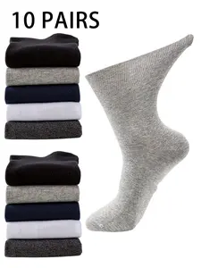 10 Pairs Men's Mid-calf Plain Diabetic Socks , Non-binding Circulatory Crew Socks, Casual Comfy Breathable Socks for Daily Wear, Men's Socks for All Seasons,  Socks for Men