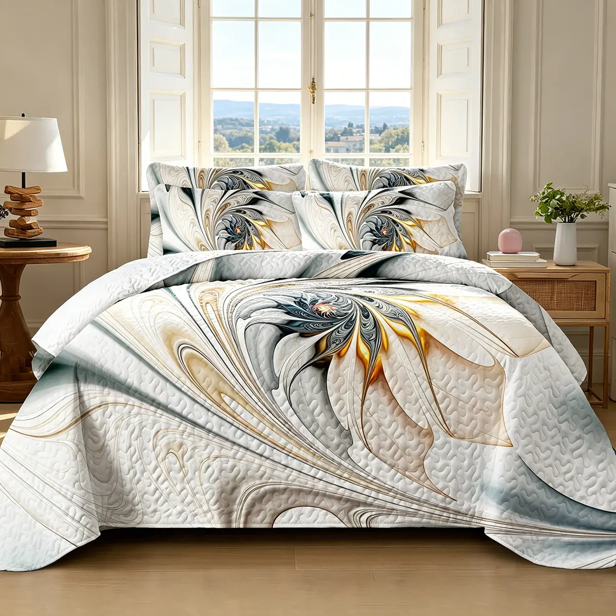Dreamlily Reversible Quilt Bedding Set - Premium Full-Piece Stitch Coverlet with 2 Pillow Shams, Vibrant Digital Print, Classic, Durable, Breathable, No Shrinkage, Anti-Deform Soft All-Season Set for Queen/King Home Decor