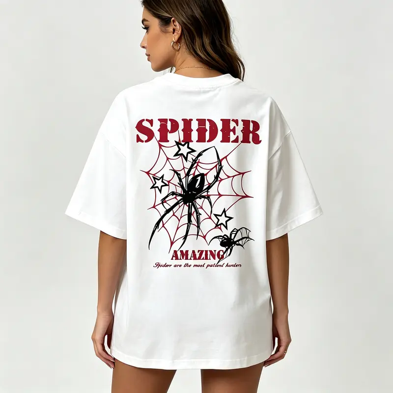 Unisex Fitted Cotton Classic Crewneck T-Shirt - Chic Casual Elegant Printed Fabric Short-Sleeve Sports & Outdoor Top with Red Webs, Black Design