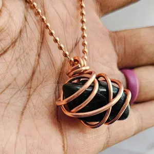 2.4mm Ball Chain Blue Tigers Eye Crystal Pendant Necklaces 24 Inches, Thick 14 Gauge Copper Wire Wrapped Jewelry [Made-to-Order]