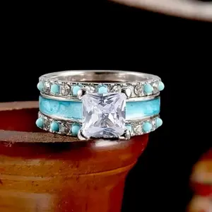 AW Impressive style engagement and wedding rings with turquoise stone for women, suitable for daily wear, engagement, wedding, couple jewelry accessories