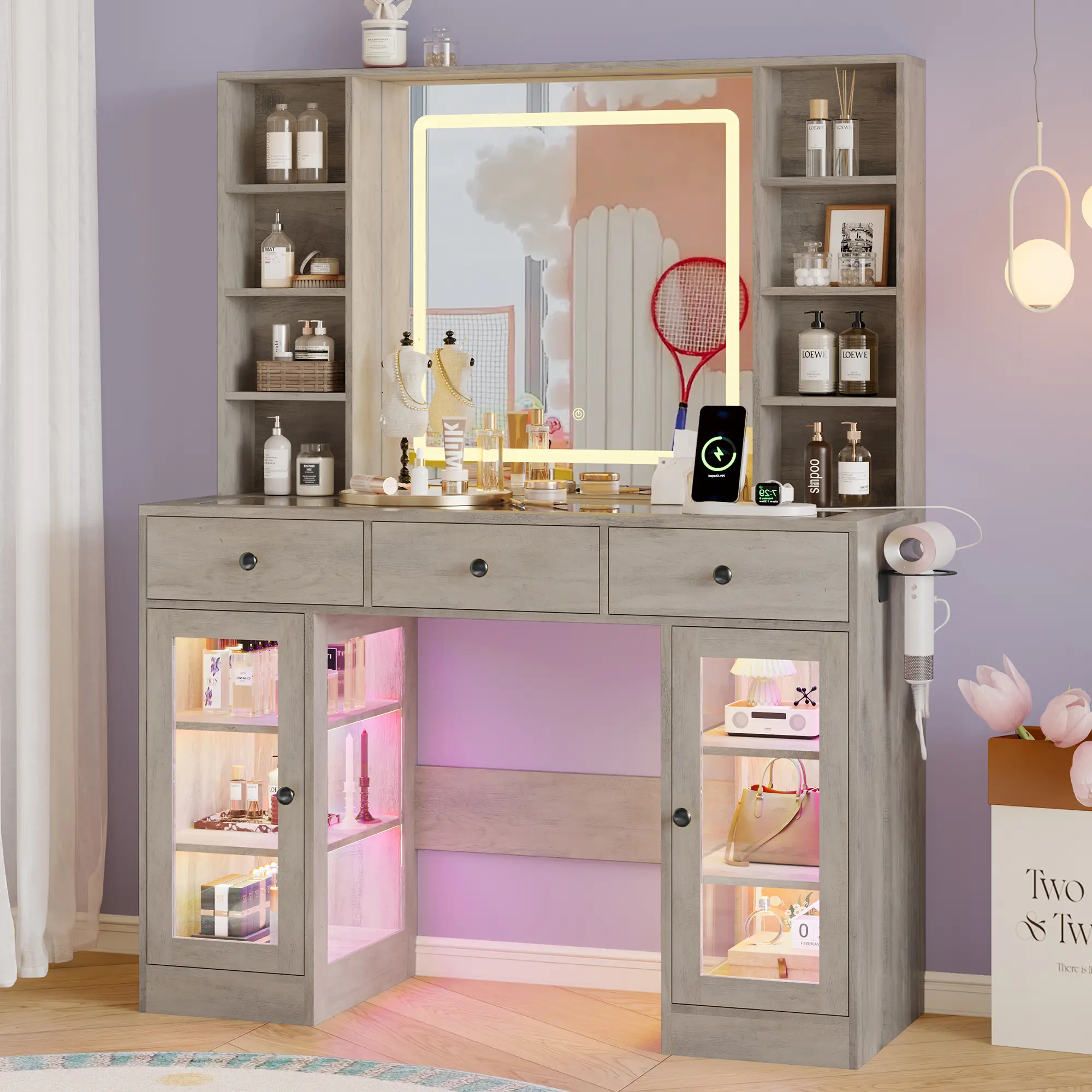 Modern Makeup Vanity Desk with RGB LED Mirror, Lighted Drawers, Glass Top, Power Outlet, Storage Shelves & Cabinets, Stylish Glass-Topped Illuminated Modern Makeup Vanity for Bedroom, White, Stylish Makeup Vanities fathers day gift ideas