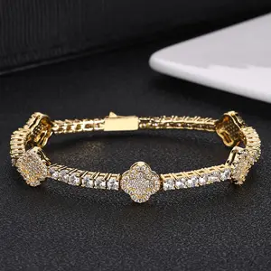 Luxury Men's Bracelet - Hip Hop Clover Pendant with CZ Stones on Tennis Chain, Trendy Hand Accessory