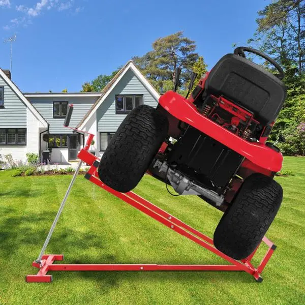 Lawn mower lifting jack, weighing 800 pounds, suitable for garden tractors and lawn mower ride on lawn mower lift, tractor side lift with manual handle, cleaning assist device, universal type, lawn mower lift, lawn tractor+45 ° tilt adjustable, red