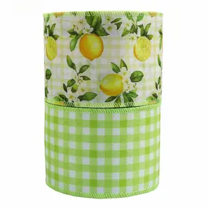 2PCS Spring Wired Ribbon Set  Blue Floral, Green Plaid & Lemon Print Ribbon for Gift Wrapping, Easter Decor, Wreaths, Bows & DIY Crafts