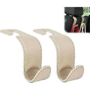 Seat Headrest Hook Universal  Storage Hanger Leather with Metal  Seat  Organizer for Handbag Purse Coat Beige 2 Pack