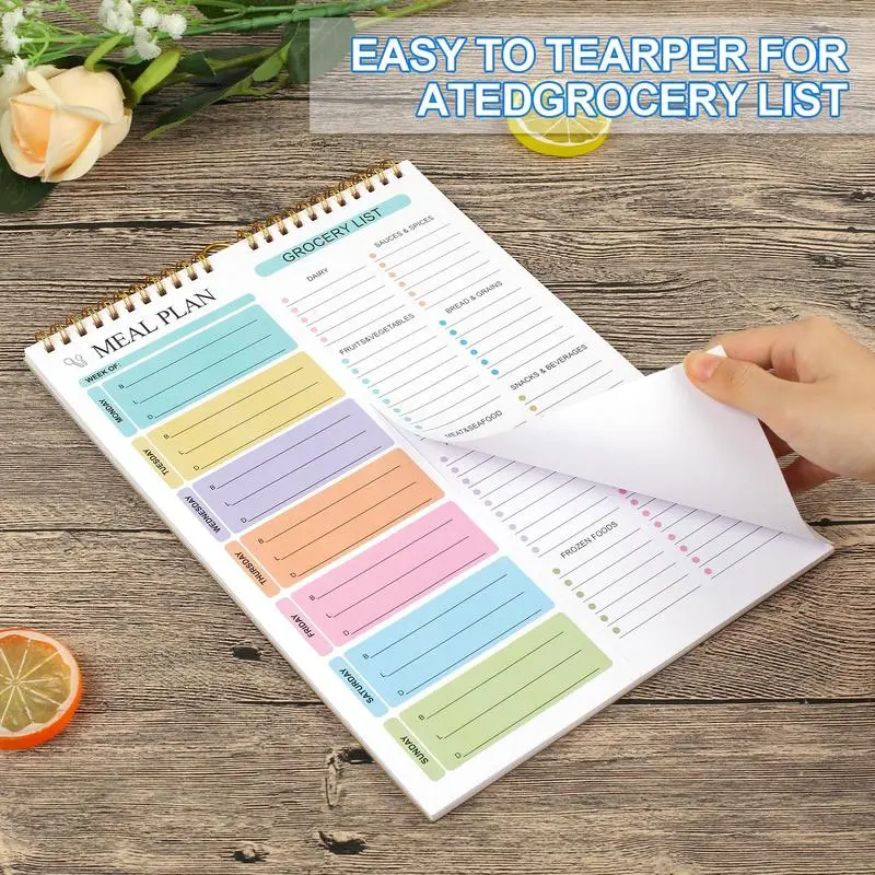 Meal Planner Notebook for Busy Families, Magnetic Fridge Menu Planner with Grocery List, 50-Sheet Tear-Off Weekly Planner, Wall Mount Kitchen Organizer