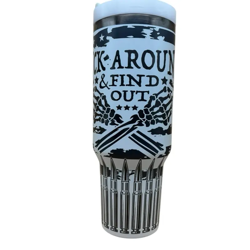 William's Laser Works 40oz Tumbler F** Around & Find Out Design Laser-Engraved Bullet Graphics Ice-Cold Hot Drinkware Powder-Coated Finish Portable Reusable Beverage Flasks Mug Bottled