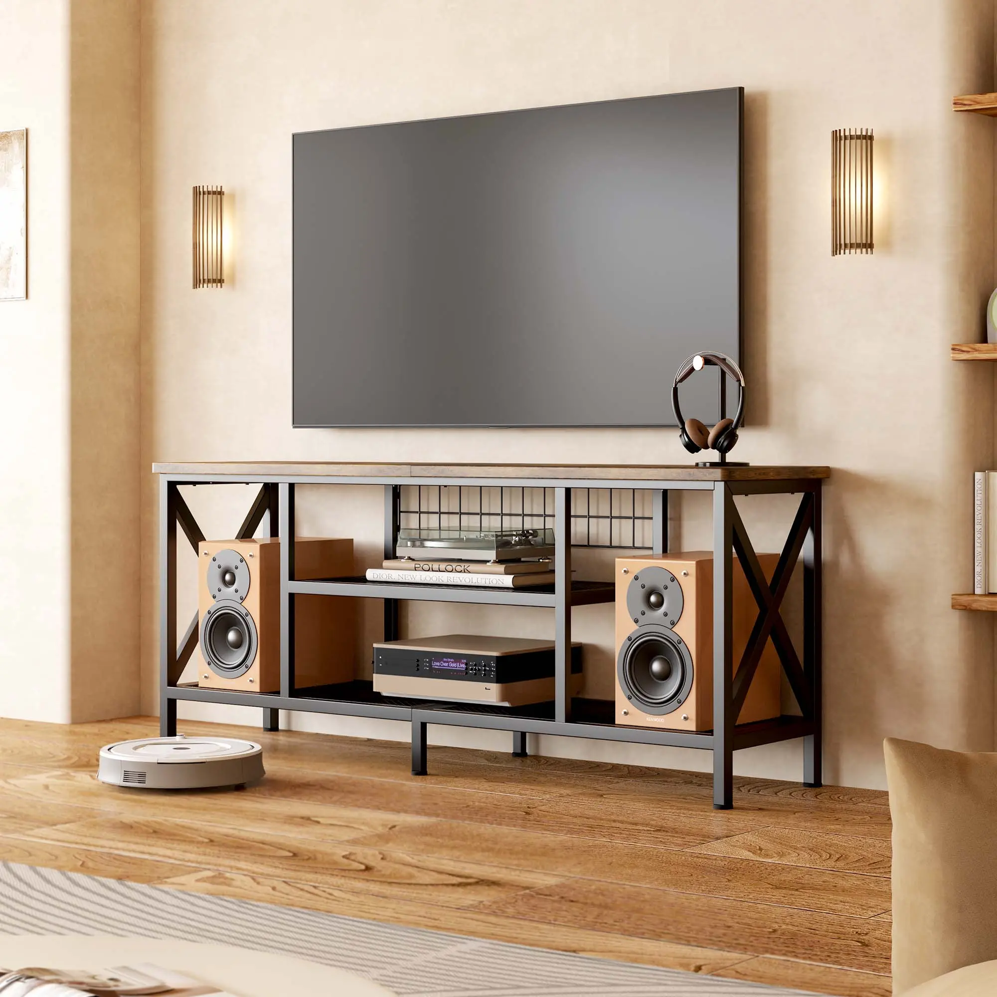 Gizoon 59.8in Rectangular Industrial TV Console Table - 55-65 Inch Compatible, 3-Tier Rustic Brown Media Center with Open Grid Shelves & Metal Frame, TV Shelf for Living Room Bedroom