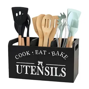 Large Capacity Three-Compartment Wooden Utensil Organizer, Kitchen Countertop Storage Rack, Rustic Style Cooking Tool Holder