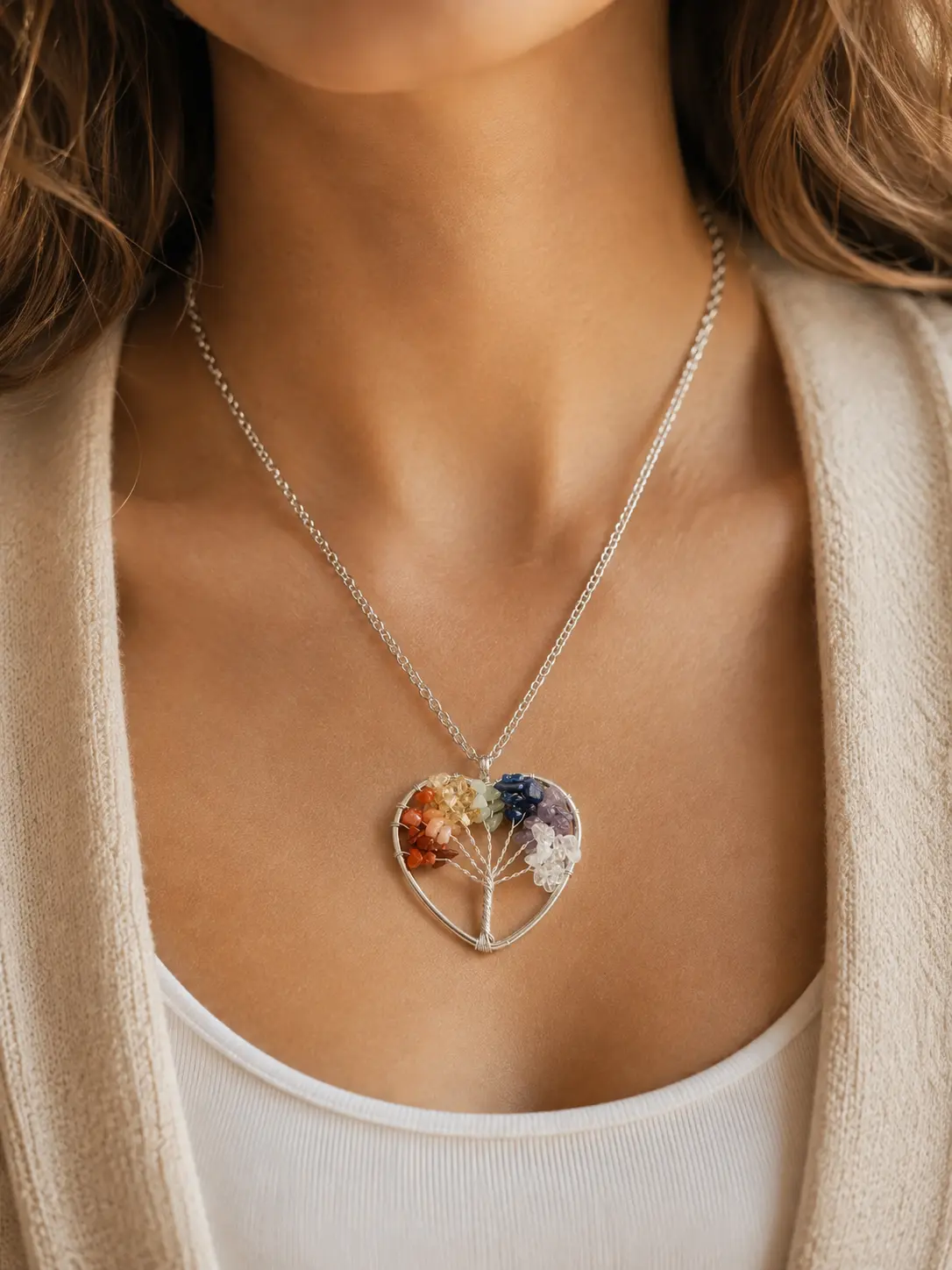 Chakra Tree of Life Necklace for Women | 7 Chakra Gemstone Heart Pendant | Colorful Crystal Necklace | Spiritual Jewelry Gift