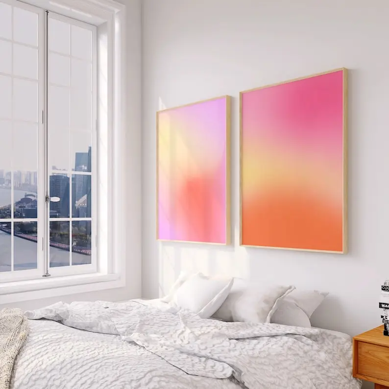 Pastel Aura set of 2, Prints, Positive Pink Aura Poster, Gradient Aura Print, Spiritual Poster Self Care, Orange Pink Blur Gradient Wall art - No Frame