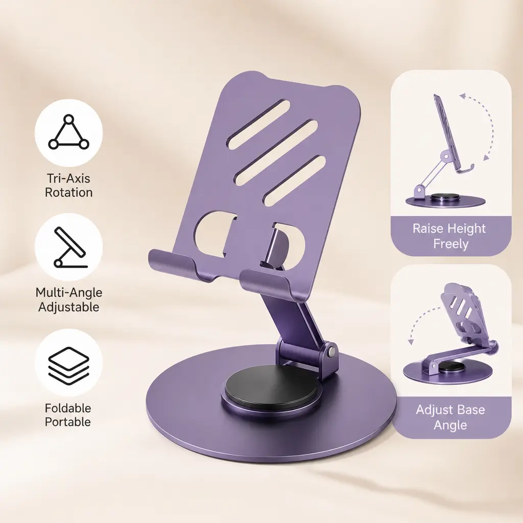 1 Piece Metal 360 Degree Rotatable Foldable Desktop Stand, Adjustable Multi-Axis Support for Smartphone and Tablet