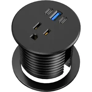 Desk Grommet Power Outlet 2.5 inch Desktop Recessed Outlet with 20W Fast Charging USB-C Port Flush Mount for Conference Rooms Office Tables Furniture Black 6FT