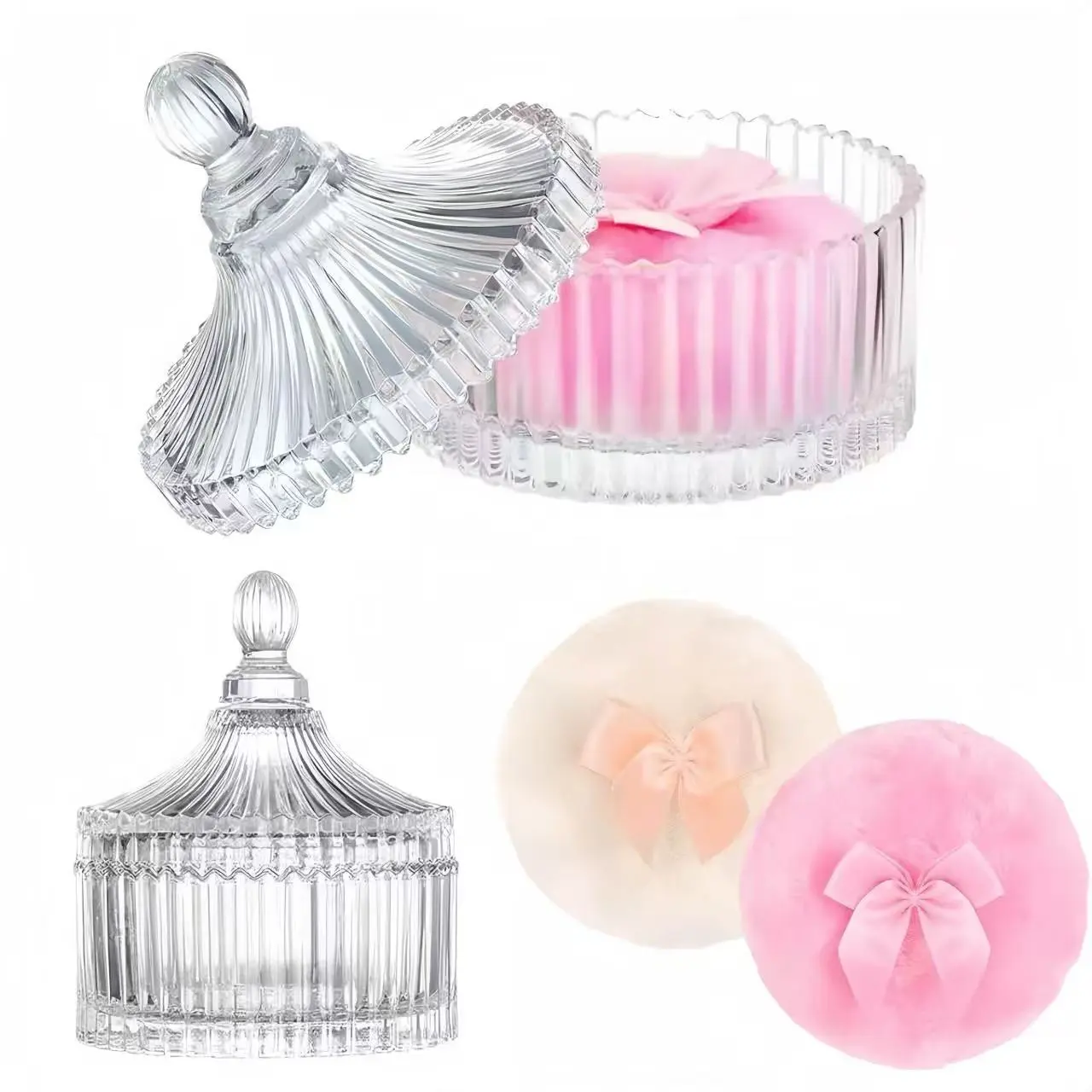 Dusting Powder Container with Puff, 3PCS Large Body Powder Puff and Container - Crystal Glass Dusting Powder Jar & Soft Velour Washable Body Powder Puff for Women