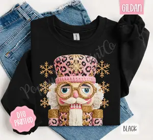 Pink Leopard Nutcracker Sweatshirt, Trendy Women's Christmas Sweater