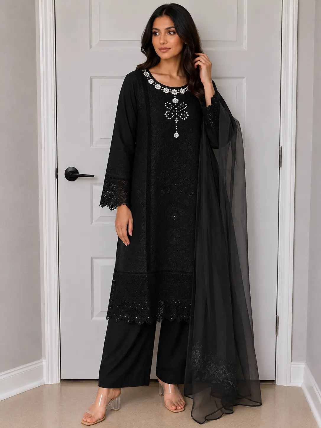 Women's Black 3-Piece Suit Set, Traditional Pakistani Designer Wear with Heavy Embroidery and Chiffon Dupatta