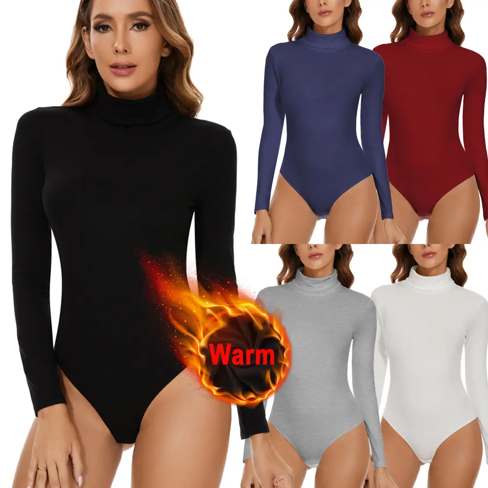 Women's Turtleneck Bodysuit, Chic Solid Long Sleeve Soft Viscose Stretch Top for Casual Layering, High Neck, Thermal, Keep You Chic And Warm, Thermal Top