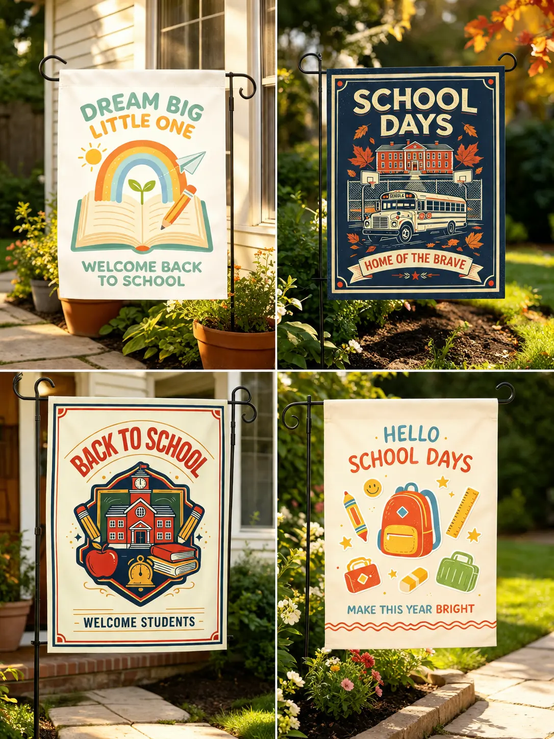 Retro Farm Polyester Decorative Rectangular Garden Flags - Double-Side Print Pen, Backpack Designs - Back-to-School Autumn Outdoor Front Lawn Decor, Teacher Gifts