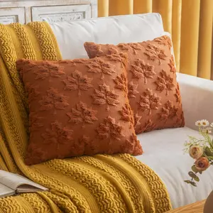 Maple Leaf Fall Throw Pillow Covers 18"x18" Set of 2, Rust Red Farmhouse Decorative Pillow Covers for Autumn Harvest Holiday Accent Pillow Cases, Faux Fur Pillow Covers for Couch Bed Room