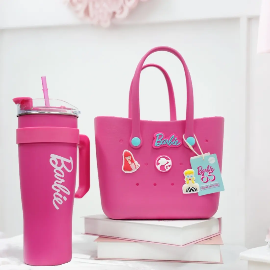 [Summer Special]  MINISO Barbie Series 1600mL/54 oz Jumbo Stainless Steel Straw Cup + Barbie Daylight Shiny Series Pink Bento Bag with Holes#Summervibes, Back To School