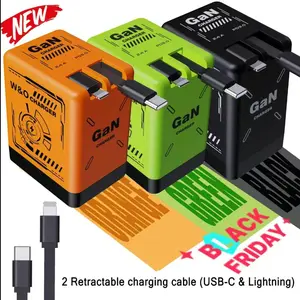 Portable Gan Power Adapter, 120w Device Compatibility, Dual Smart Charging Ports, Retractable Data Cable, Type C Charging, Travel Charger Plug