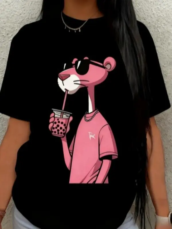 Women's Pink Panther Printed Crew Neck T-shirt, Lightweight Breathable Cotton Knitted Fashion Casual Top, All-Season Wardrobe Essential